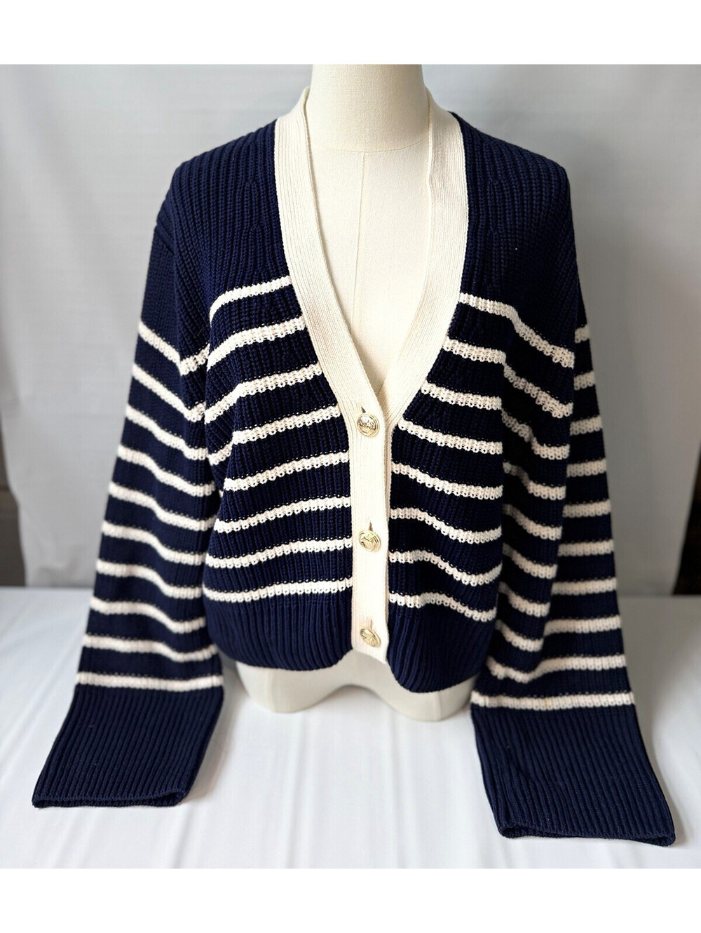 GAP Women's Navy and Cream Striped Rib-Knit V-Neck Button Cardigan Sweater SizeM